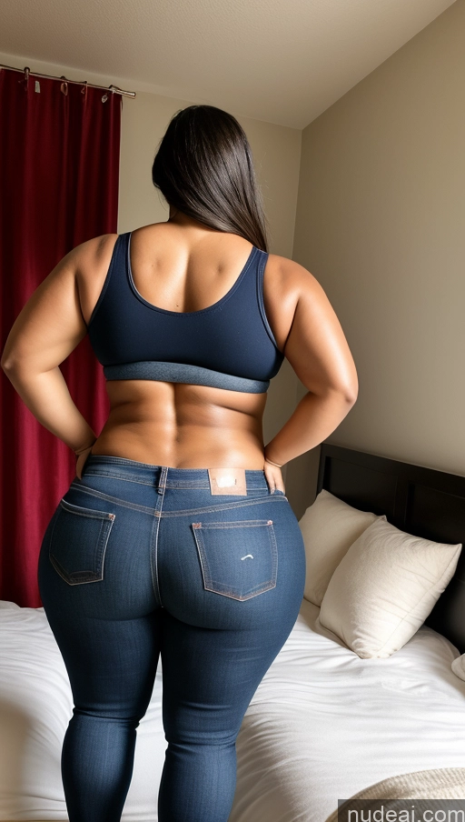 ai nude image of araffe woman in a blue top and jeans standing on a bed pics of Athlete Big Ass Big Hips Bedroom Jeans