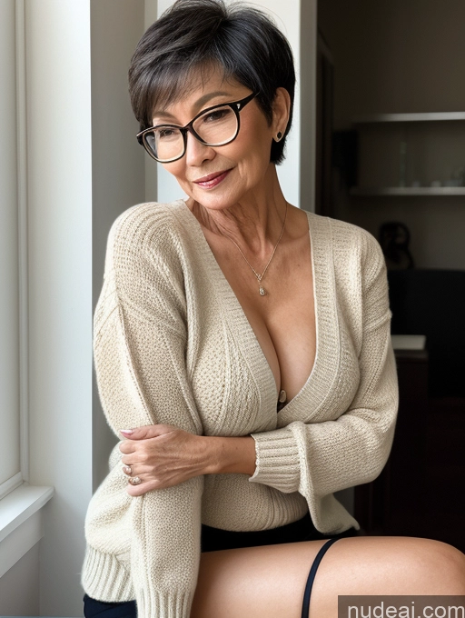 ai nude image of there is a woman sitting on a window sill wearing glasses pics of Milf Two Perfect Boobs Beautiful Glasses Perfect Body Short Hair 70s Chinese Bra Casual Professor Sweater Cleavage Dark Lighting Detailed Sexy Face