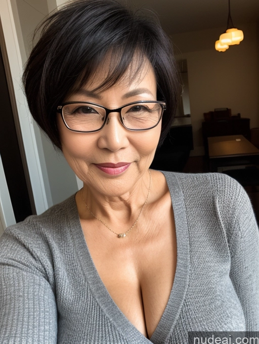 ai nude image of there is a woman with glasses and a gray sweater posing for a picture pics of Milf Two Perfect Boobs Beautiful Glasses Perfect Body Short Hair 70s Chinese Bra Casual Professor Sweater Cleavage Dark Lighting Detailed Sexy Face