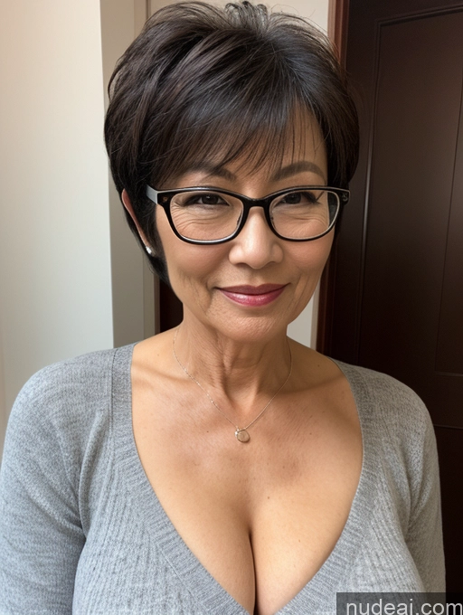 ai nude image of there is a woman with glasses and a gray sweater posing for a picture pics of Milf Two Perfect Boobs Beautiful Glasses Perfect Body Short Hair Chinese Bra Casual Professor Sweater Cleavage Dark Lighting Detailed Sexy Face 60s