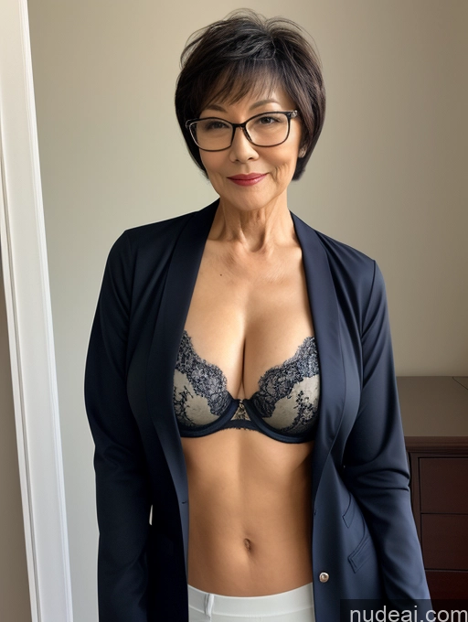 ai nude image of there is a woman in a bra and glasses posing for a picture pics of Milf Two Perfect Boobs Beautiful Glasses Perfect Body Short Hair 70s Chinese Bra Casual Doctor Lab Coat Cleavage Dark Lighting Detailed Sexy Face