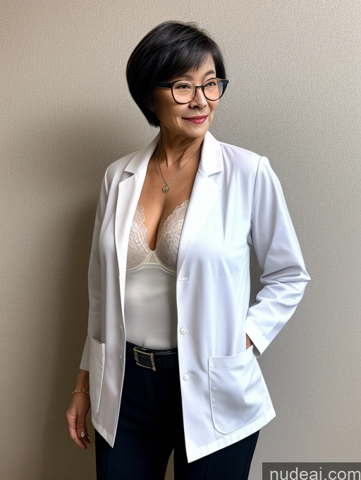 ai nude image of arafed woman in a white jacket and glasses standing against a wall pics of Milf Two Perfect Boobs Beautiful Glasses Perfect Body Short Hair 70s Chinese Bra Casual Doctor Lab Coat Cleavage Dark Lighting Detailed Sexy Face