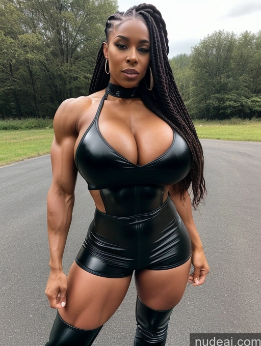 ai nude image of a woman in a black leather outfit posing for a picture pics of Woman Muscular Abs Perfect Body Braided Nigerian Nude Boots Goth Latex Spandex Huge Boobs Busty