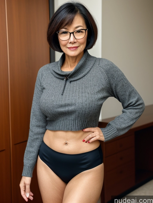 ai nude image of there is a woman in a gray sweater and black panties pics of Milf Two Perfect Boobs Beautiful Glasses Perfect Body Short Hair Chinese Bra Casual Professor Sweater Cleavage Dark Lighting Detailed Sexy Face 60s