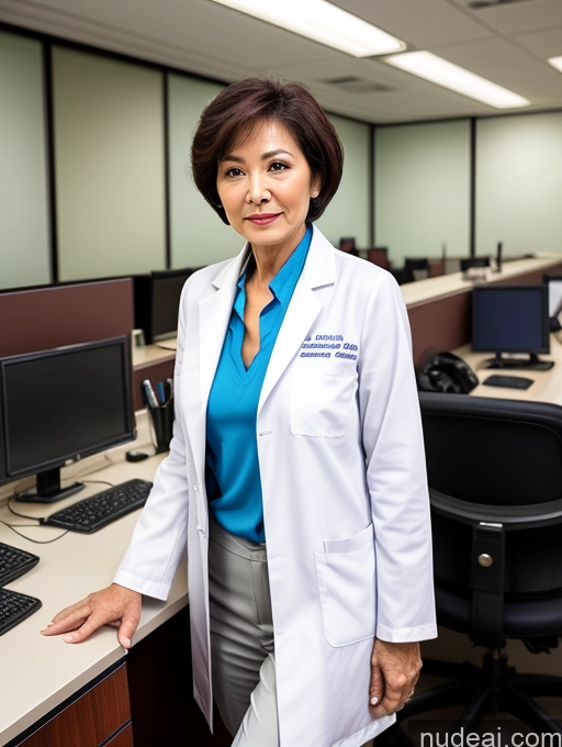 ai nude image of woman in lab coat standing in front of a desk with computer monitors pics of Milf Two Perfect Boobs Perfect Body Pubic Hair Short Hair 70s Chinese Office Doctor Lab Coat Cleavage Dark Lighting Sexy Face