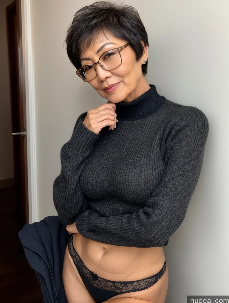 ai nude image of there is a woman in a black sweater and panties posing for a picture pics of Milf Two Perfect Boobs Beautiful Glasses Perfect Body Short Hair 70s Chinese Bra Casual Professor Sweater Cleavage Dark Lighting Detailed Sexy Face