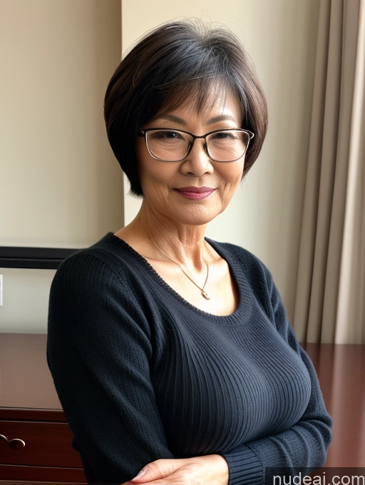 ai nude image of there is a woman with glasses sitting at a desk with her arms crossed pics of Milf Two Perfect Boobs Beautiful Glasses Perfect Body Short Hair Chinese Bra Casual Professor Sweater Cleavage Dark Lighting Detailed Sexy Face 70s