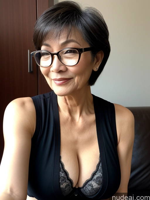 ai nude image of there is a woman wearing glasses and a bra top sitting on a couch pics of Milf Two Perfect Boobs Beautiful Glasses Perfect Body Short Hair Chinese Bra Casual Professor Sweater Cleavage Dark Lighting Detailed Sexy Face 70s