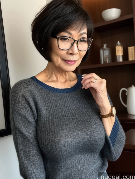 ai nude image of arafed woman in glasses and a gray sweater posing for a picture pics of Milf Two Perfect Boobs Beautiful Glasses Perfect Body Short Hair Chinese Bra Casual Professor Sweater Cleavage Dark Lighting Detailed Sexy Face 70s