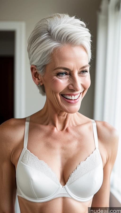 ai nude image of smiling woman in white bra top standing by window with white curtains pics of Woman Skinny Perfect Body 60s Laughing Slicked White Hair Bra Detailed