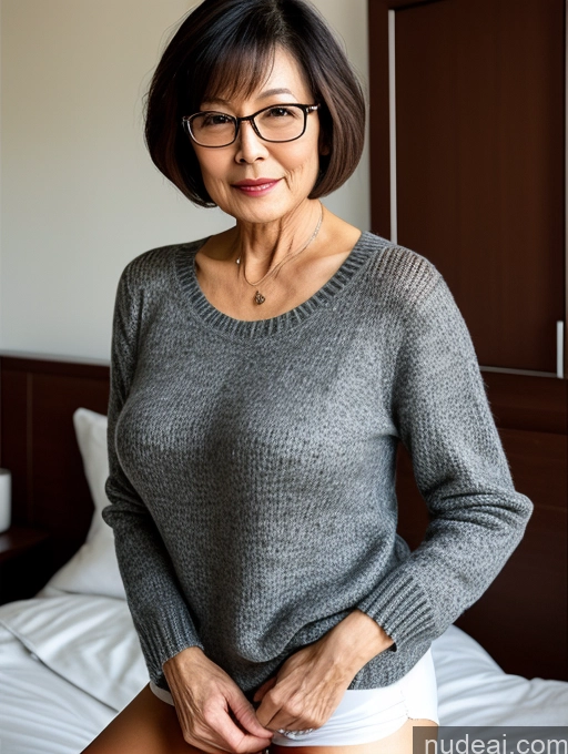 ai nude image of there is a woman in glasses posing on a bed pics of Milf Two Perfect Boobs Beautiful Glasses Perfect Body Short Hair Chinese Bra Casual Professor Sweater Cleavage Dark Lighting Detailed Sexy Face 70s Bedroom