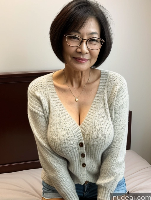 ai nude image of arafed asian woman in glasses sitting on a bed pics of Milf Two Perfect Boobs Beautiful Glasses Perfect Body Short Hair Chinese Bra Casual Professor Sweater Cleavage Dark Lighting Detailed Sexy Face 70s Bedroom