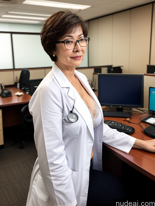 ai nude image of woman in white lab coat sitting at desk with computer and monitor pics of Milf Two Perfect Boobs Perfect Body Pubic Hair Short Hair 70s Chinese Office Doctor Lab Coat Cleavage Dark Lighting Sexy Face Bra Partially Nude Detailed Beautiful Glasses Busty