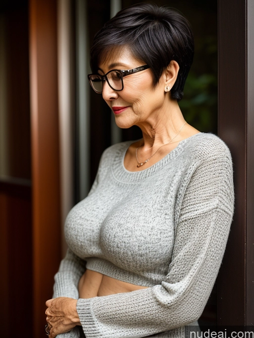 ai nude image of there is a woman with glasses standing by a wall pics of Milf Two Perfect Boobs Beautiful Glasses Perfect Body Short Hair 70s Chinese Bra Casual Professor Sweater Cleavage Dark Lighting Detailed Sexy Face Side View