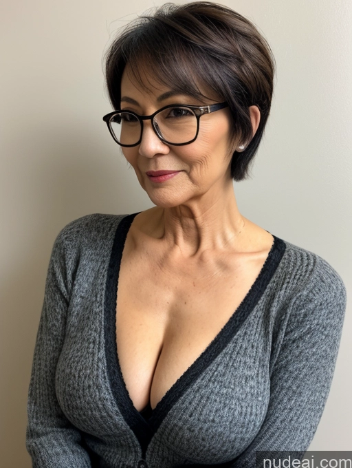 ai nude image of there is a woman with glasses and a gray sweater posing for a picture pics of Milf Two Perfect Boobs Beautiful Glasses Perfect Body Short Hair 70s Chinese Bra Casual Professor Sweater Cleavage Dark Lighting Detailed Sexy Face Side View