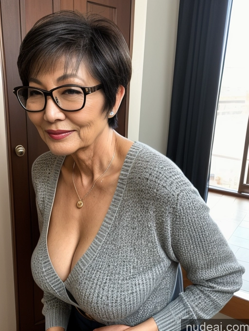 ai nude image of there is a woman wearing glasses and a sweater posing for a picture pics of Milf Two Perfect Boobs Beautiful Glasses Perfect Body Short Hair 70s Chinese Bra Casual Professor Sweater Cleavage Dark Lighting Detailed Sexy Face Side View