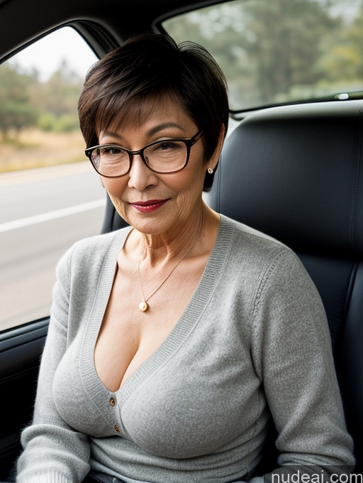 ai nude image of there is a woman sitting in a car with a cell phone pics of Milf Two Perfect Boobs Beautiful Glasses Perfect Body Short Hair 70s Chinese Bra Casual Professor Sweater Cleavage Detailed Sexy Face Side View Car