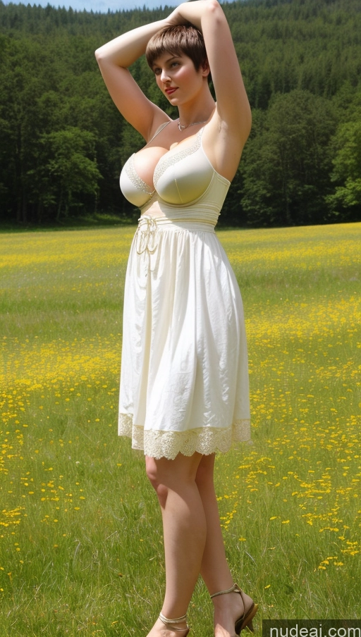 ai nude image of araffe woman in a white dress posing in a field of flowers pics of Woman Huge Boobs Perfect Boobs Thick Big Hips Perfect Body Fairer Skin Big Ass Dress Traditional Meadow Chubby Short Hair Roman Victorian Short Shorts Push-up Bra