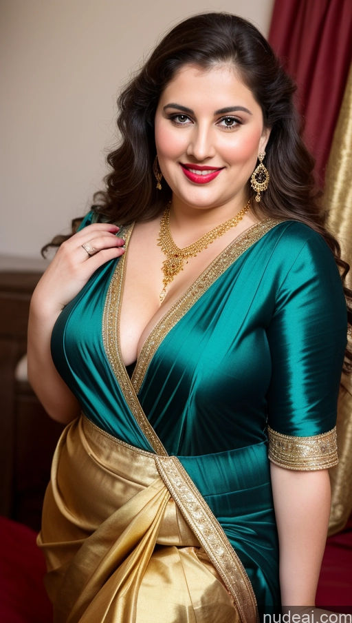 ai nude image of araffe woman in a green sari posing for a picture pics of Milf Busty Beautiful Lipstick Thick Chubby Big Hips Fat Fairer Skin 20s Happy Seductive Brunette Long Hair Russian Party Front View Straddling Sari Blouse Dirndl Victorian Cleavage Gold Jewelry