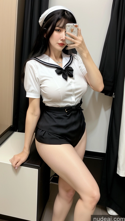 ai nude image of araffe dressed in a sailor outfit taking a selfie in a bathroom pics of Milf Busty Big Hips Big Ass Pubic Hair Fairer Skin Black Hair Long Hair 70s JK Uniform