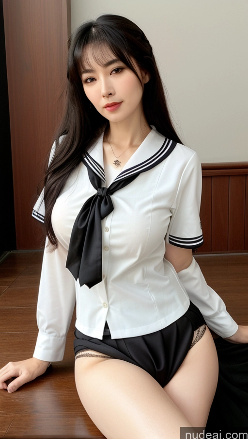 ai nude image of arafed asian woman in a sailor suit posing on a wooden floor pics of Milf Busty Big Hips Big Ass Pubic Hair Fairer Skin Black Hair Long Hair JK Uniform Asian 80s