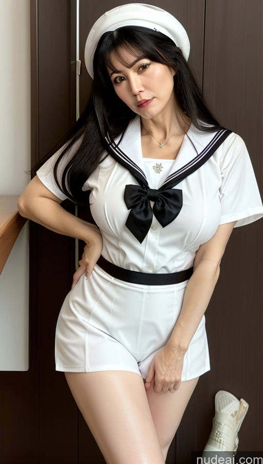 ai nude image of arafed woman in a sailor outfit posing for a picture pics of Milf Busty Big Hips Big Ass Pubic Hair Fairer Skin Black Hair Long Hair Asian 70s JK Uniform