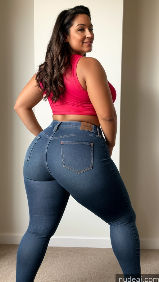 ai nude image of araffe woman in a pink top and jeans posing for a picture pics of Athlete Big Hips Big Ass Jeans