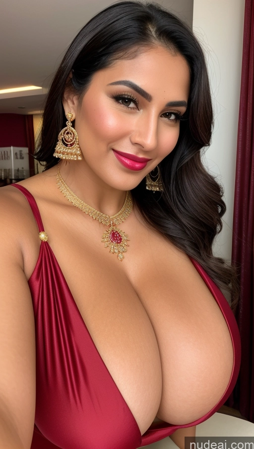 ai nude image of a close up of a woman in a red dress with big breasts pics of Miss Universe Model Busty Huge Boobs Beautiful Lipstick Big Ass Fairer Skin 50s Happy Seductive Sexy Face Black Hair Straight Middle Eastern Skin Detail (beta) Gold Jewelry Jewelry Bright Lighting Chubby Strip Club Traditional Sari Close-up View