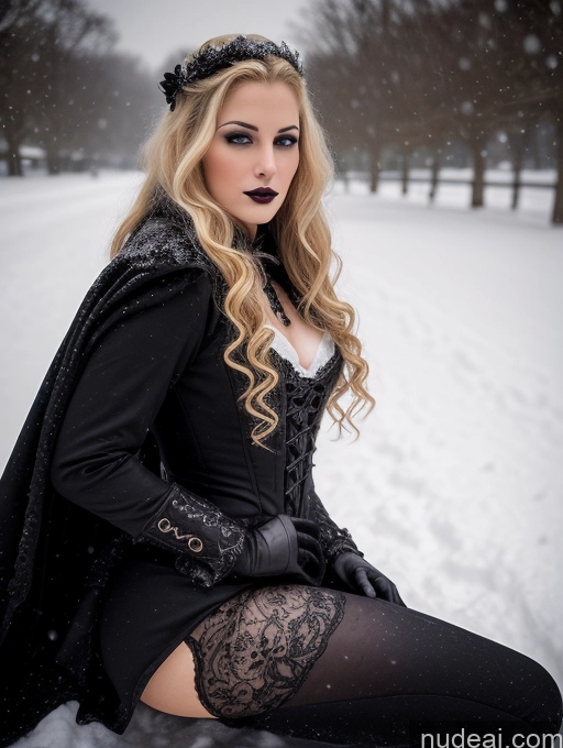 ai nude image of arafed woman in black dress and black cape sitting on snow covered ground pics of Woman Small Tits Skinny Big Ass 30s Serious Blonde Curly Hair White Skin Detail (beta) Snow Front View Spreading Legs Goth Vampire Victorian Dark Lighting Detailed