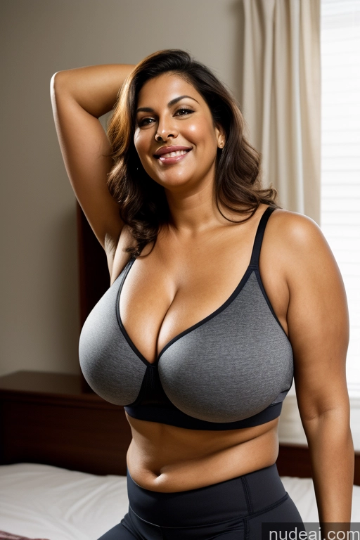 ai nude image of arafed woman in a black and grey bra top posing for a picture pics of Milf One Busty Huge Boobs Big Ass Thick Chubby Big Hips Tall Long Legs Dark Skin 50s Happy Sexy Face Indian Bedroom Front View T-pose Dark Lighting Detailed Sports Bra Yoga Pants Brunette