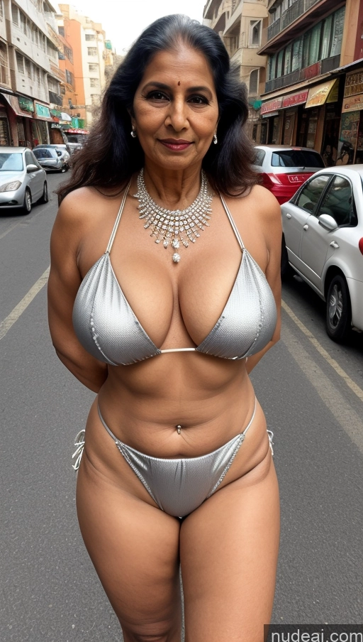 ai nude image of araffe woman in a silver bikini posing for a picture pics of Milf Busty Big Ass 70s Long Hair Indian Diamond Jewelry Bikini Street Two Satin