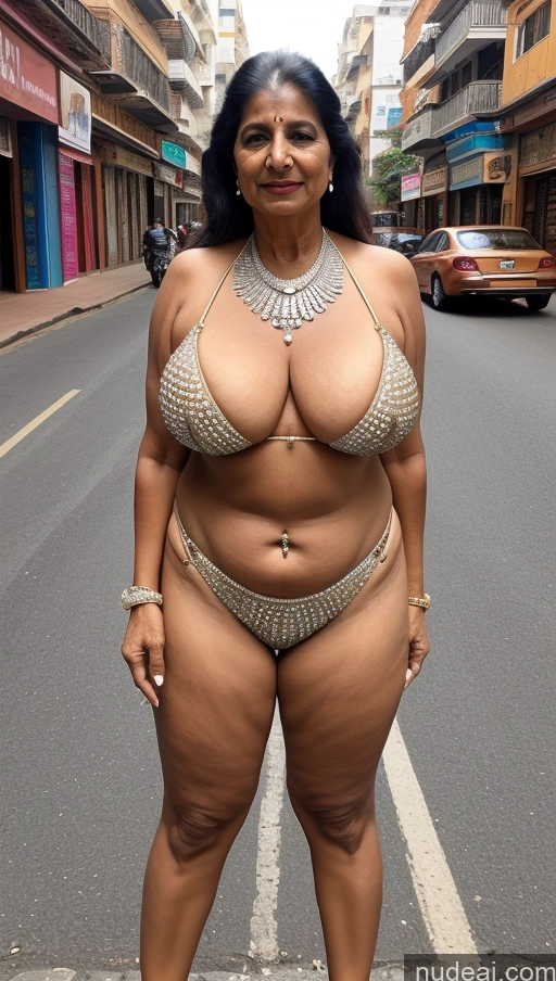 ai nude image of araffe woman in a bikini posing for a picture on the street pics of Milf Busty Big Ass 70s Long Hair Indian Diamond Jewelry Bikini Street Two