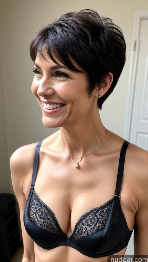 ai nude image of smiling woman in black bra with short hair and a necklace pics of Woman Perfect Body Laughing 60s Black Hair Pixie Bra Detailed