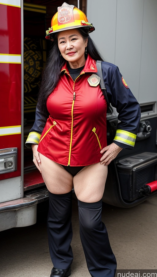 ai nude image of there is a woman in a fireman's uniform posing for a picture pics of Milf Busty Big Hips Big Ass Pubic Hair Fairer Skin Black Hair Long Hair 70s Chinese Firefighter