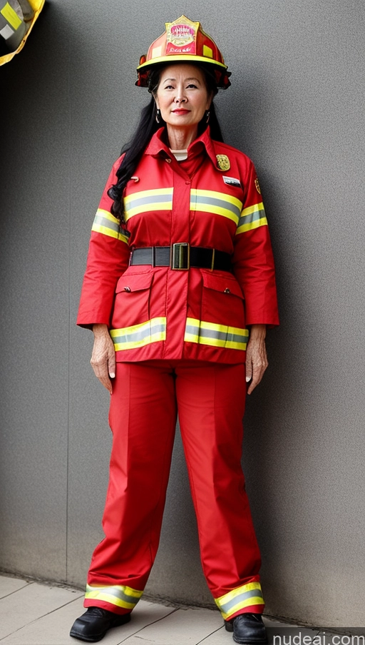 ai nude image of there is a woman in a fireman's uniform posing for a picture pics of Milf Busty Big Hips Big Ass Pubic Hair Fairer Skin Black Hair Long Hair 70s Chinese Firefighter