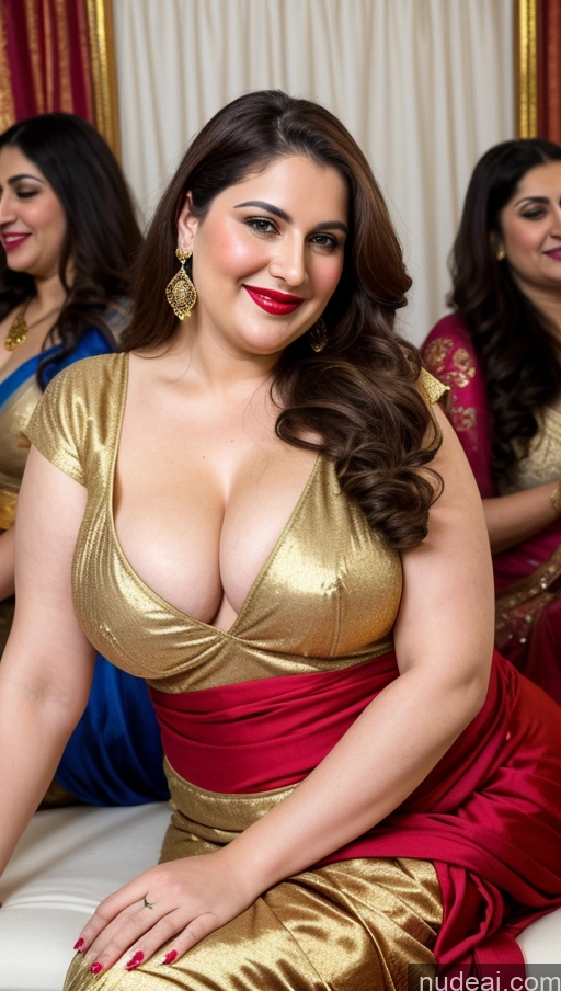 ai nude image of araffe woman in a gold dress posing for a picture pics of Milf Busty Beautiful Lipstick Thick Chubby Big Hips Fat Fairer Skin 20s Happy Seductive Brunette Long Hair Russian Party Front View Straddling Sari Blouse Dirndl Victorian Cleavage Gold Jewelry