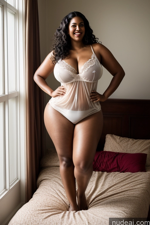 ai nude image of there is a woman in a lingerie posing on a bed pics of Milf Busty Huge Boobs Big Ass Thick Chubby Big Hips Tall Long Legs Dark Skin 50s Sexy Face Black Hair Indian Bedroom Dark Lighting Detailed Curly Hair Happy Nightgown Transparent