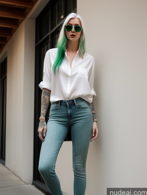 ai nude image of arafed woman with green hair and sunglasses standing against a wall pics of Woman One Tattoos Sunglasses Tall Long Legs Fairer Skin 20s Green Hair Long Hair White Jeans Shirt