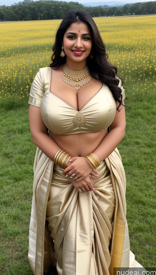 ai nude image of a woman in a sari posing for a picture in a field pics of Sorority Busty Huge Boobs Beautiful Lipstick Big Ass Fairer Skin Chubby 50s Happy Seductive Sexy Face Black Hair Straight Middle Eastern Skin Detail (beta) Front View Jewelry Gold Jewelry Bright Lighting Meadow Sari Traditional Wedding