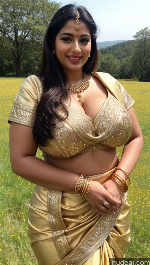 ai nude image of a woman in a sari posing in a field of flowers pics of Sorority Busty Huge Boobs Beautiful Lipstick Big Ass Fairer Skin Chubby 50s Happy Seductive Sexy Face Black Hair Straight Middle Eastern Skin Detail (beta) Front View Jewelry Gold Jewelry Bright Lighting Meadow Sari Traditional Wedding