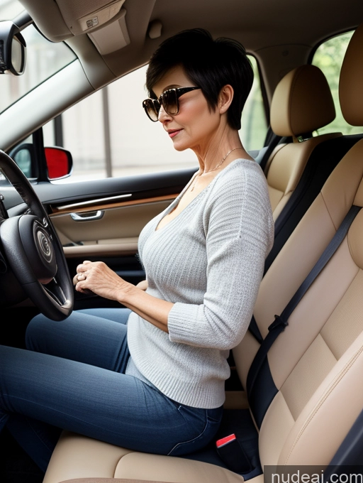 ai nude image of woman sitting in a car with her hands on the steering wheel pics of Milf Two Perfect Boobs Beautiful Sunglasses Perfect Body Short Hair 60s Chinese Car Side View Bra Casual Professor Sweater Cleavage Detailed Sexy Face