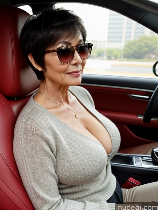 ai nude image of woman in a car with sunglasses on and a gray sweater pics of Milf Two Perfect Boobs Beautiful Sunglasses Perfect Body Short Hair 60s Chinese Car Side View Bra Casual Professor Sweater Cleavage Detailed Sexy Face