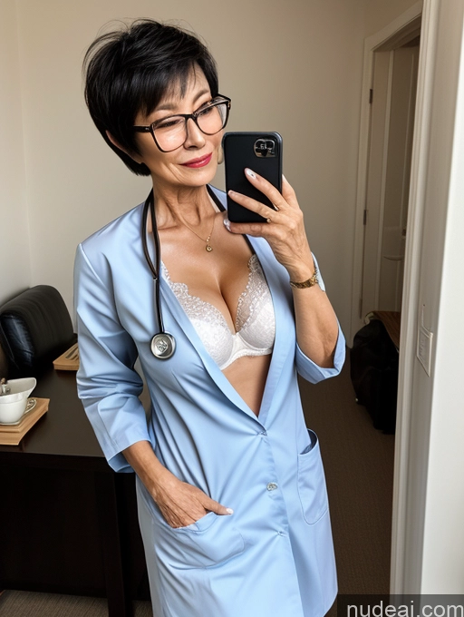 ai nude image of there is a woman in a blue lab coat taking a selfie pics of Milf Two Perfect Boobs Beautiful Glasses Perfect Body Short Hair 70s Chinese Bra Casual Doctor Lab Coat Cleavage Dark Lighting Detailed Sexy Face