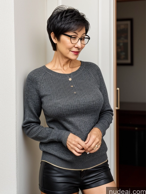 ai nude image of there is a woman in a short skirt and sweater posing for a picture pics of Milf Two Perfect Boobs Beautiful Glasses Perfect Body Short Hair 70s Chinese Side View Bra Casual Professor Sweater Cleavage Dark Lighting Detailed Sexy Face