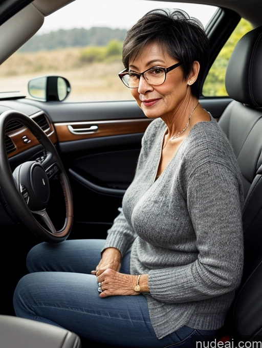 ai nude image of woman sitting in a car with a steering wheel and a smile pics of Milf Two Beautiful Glasses Perfect Body Short Hair 70s Car Side View Bra Casual Professor Sweater Cleavage Dark Lighting Detailed Sexy Face Asian Small Tits Jeans Undone