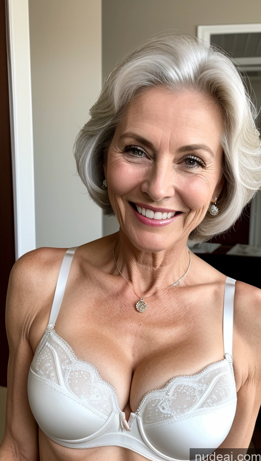 ai nude image of smiling woman in white bra with silver necklace and silver necklace pics of Milf White Hair Slicked Detailed Bra Skinny Perfect Body Happy