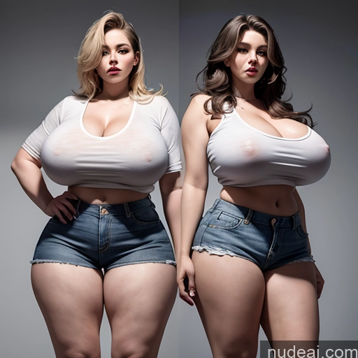 ai nude image of two women in short shorts and a white shirt posing for a picture pics of Woman Two Huge Boobs Beautiful Perfect Boobs 20s Portuguese Short Shorts Long Hair Big Ass Long Legs Chubby Crop Top