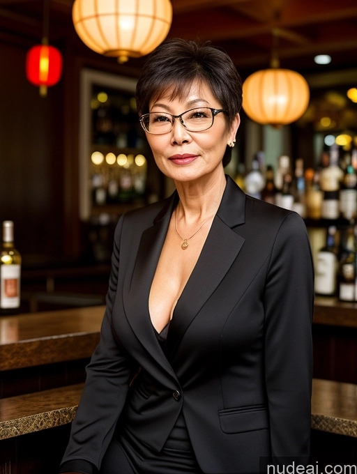 ai nude image of woman in black suit and glasses sitting at a bar with bottles of wine pics of Milf Pixie Chinese Bar Casual Professor Stylish Suit Perfect Boobs Perfect Body Glasses Beautiful Sexy Face Blouse Bra Cleavage Dark Lighting Detailed 70s