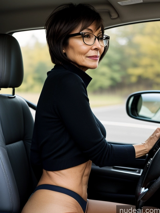 ai nude image of woman in black top and panties sitting in car with steering wheel pics of Milf Two Beautiful Glasses Perfect Body Short Hair 70s Car Side View Bra Casual Professor Sweater Cleavage Dark Lighting Detailed Sexy Face Asian Small Tits Partially Nude