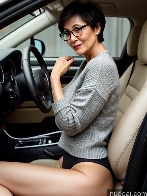 ai nude image of there is a woman sitting in a car with her legs crossed pics of Milf Two Beautiful Glasses Perfect Body Short Hair 70s Car Side View Bra Casual Professor Sweater Cleavage Dark Lighting Detailed Sexy Face Small Tits Partially Nude Chinese